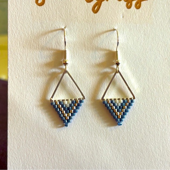 Jewelry - Silver and Blue Beaded Triangle Earrings